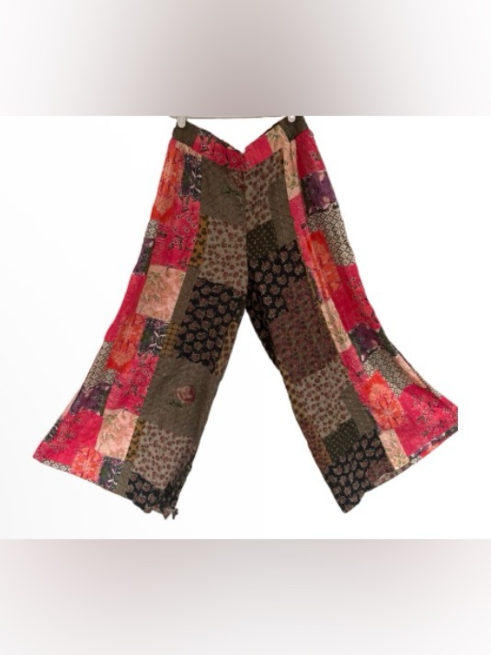 POL Patchwork Wide-Leg Pants in Red & Brown Tones
